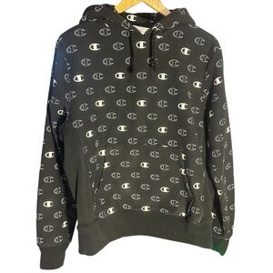 VTG Champion Hoodie Sweatshirt Reverse Weave Mens M Black White Fleece Pullover